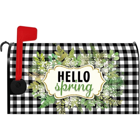 Hello Spring Mailbox Cover Buffola Plaid Mailbox Cover Magnetic US Standard Size 21x18 Inch Spring Green Leaves Mail Box Cover for Garden Yard Waterproof Post Box Cover for Outdoor