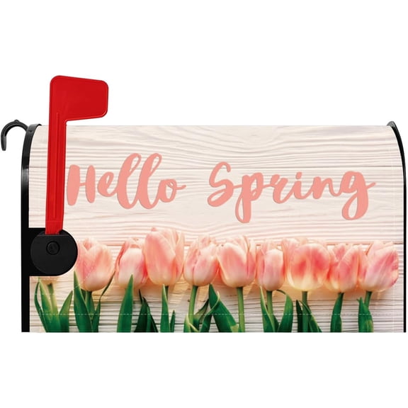 Hello Spring Mailbox Cover Rustic Wood Grain Texture Pink Tulips Mailbox Covers Magnetic Standard Size 21x18 Inch Spring Floral Blossom Mail Box Cover Easter Mailbox Wraps Modern House Decor