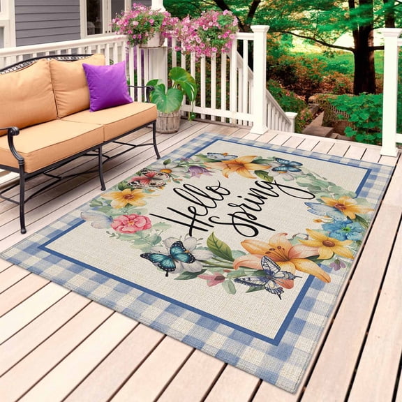 Hello Spring Outdoor Rug 6x9 Ft, Non Slip Washable Area Rug, Farmhouse Floral Eucalyptus Wood Plaid Burlap Patio Rugs Carpet Runner, Large Floor Mat for Indoor/Outdoor Deck Porch Camping