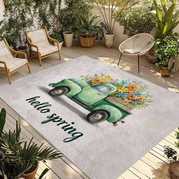 Hello Spring Outdoor Rug for Patio/Deck/Porch, Non-Slip Large Area Rug 4 x 6 Ft, Easter Flowers Green Truck Vintage Floral Grey Indoor Outdoor Rugs Washable Area Rugs, Camping Rug Carpet Runner