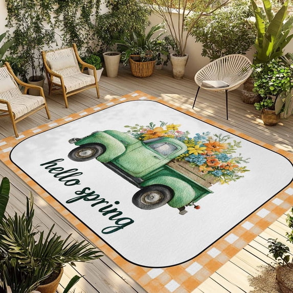 Hello Spring Outdoor Rug for Patio/Deck/Porch, Non-Slip Large Area Rug 6 x 9 Ft, Easter Flowers Green Truck Floral Orange Plaid Indoor Outdoor Rugs Washable Area Rugs, Camping Rug Carpet Runner