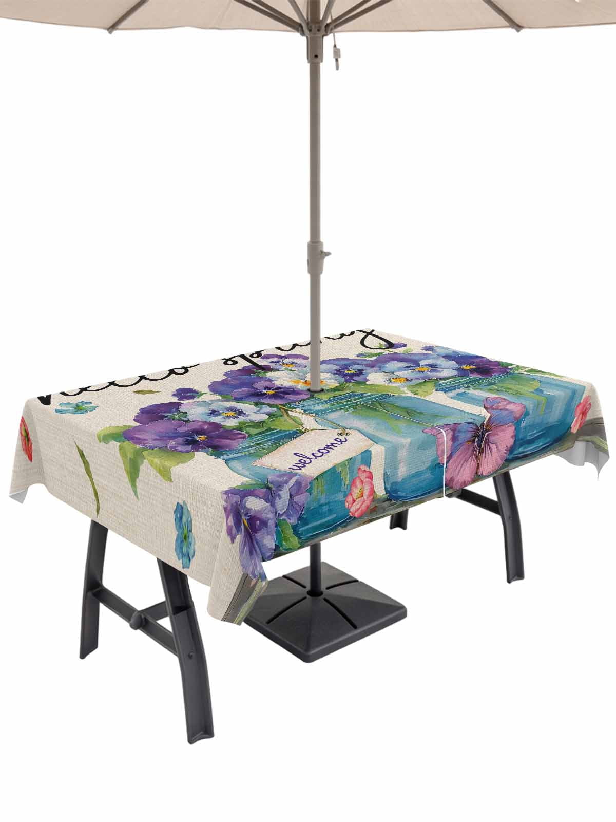 Hello Spring Outdoor Tablecloth - 52x70 Inch Rectangle Dining Table Cover, Pastoral Purple Bottle Floral Rustic Burlap Waterproof Outdoor Table Cloth with Umbrella Hole & Zipper for Picnic/Patio