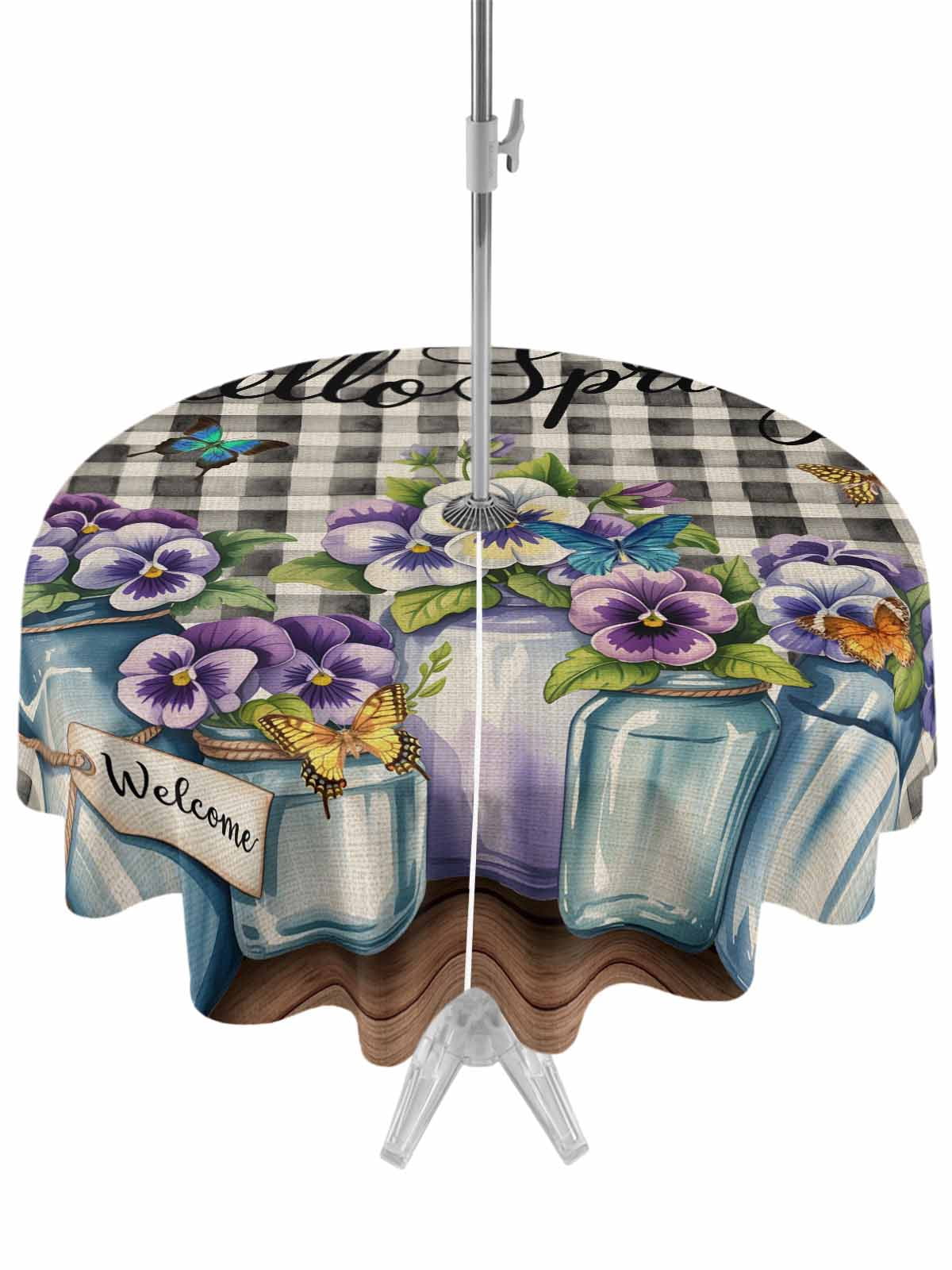 Hello Spring Outdoor Tablecloth - 54 Inch Round Dining Table Cover, Pastoral Purple Bottle Floral Black White Plaid Waterproof Outdoor Table Cloth with Umbrella Hole & Zipper for Picnic/Patio/Party