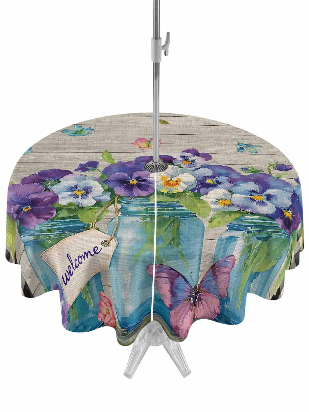 Hello Spring Outdoor Tablecloth - 54 Inch Round Dining Table Cover, Pastoral Purple Bottle Floral Wooden Plaid Waterproof Outdoor Table Cloth with Umbrella Hole & Zipper for Picnic/Patio/Party
