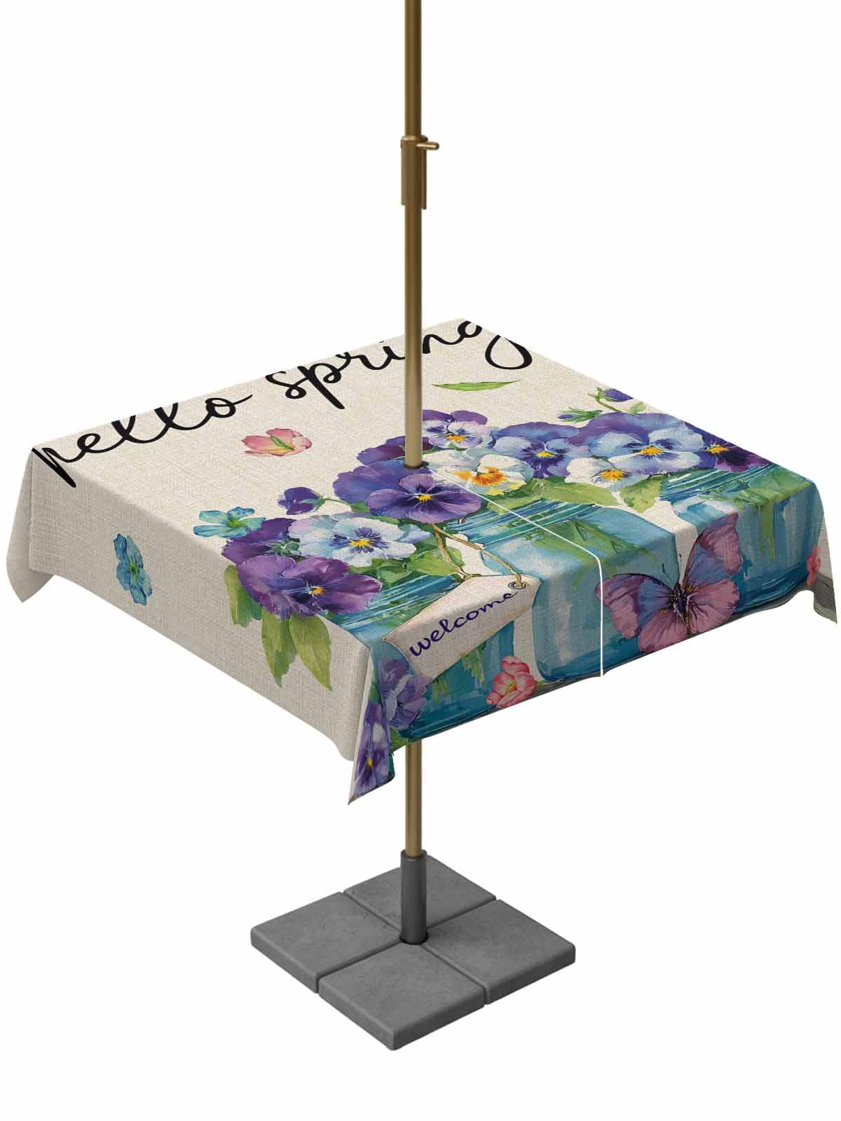 Hello Spring Outdoor Tablecloth - 54x54 Inch Square Dining Table Cover, Pastoral Purple Bottle Floral Rustic Burlap Waterproof Outdoor Table Cloth with Umbrella Hole & Zipper for Picnic/Patio/Party