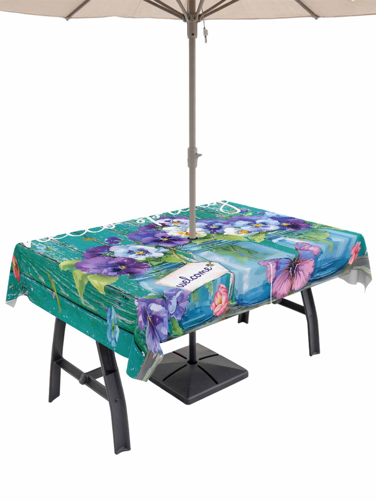 Hello Spring Outdoor Tablecloth - 60x120 Inch Rectangle Dining Table Cover, Pastoral Purple Bottle Floral Dark Green Wood Waterproof Outdoor Table Cloth with Umbrella Hole & Zipper for Picnic/Patio
