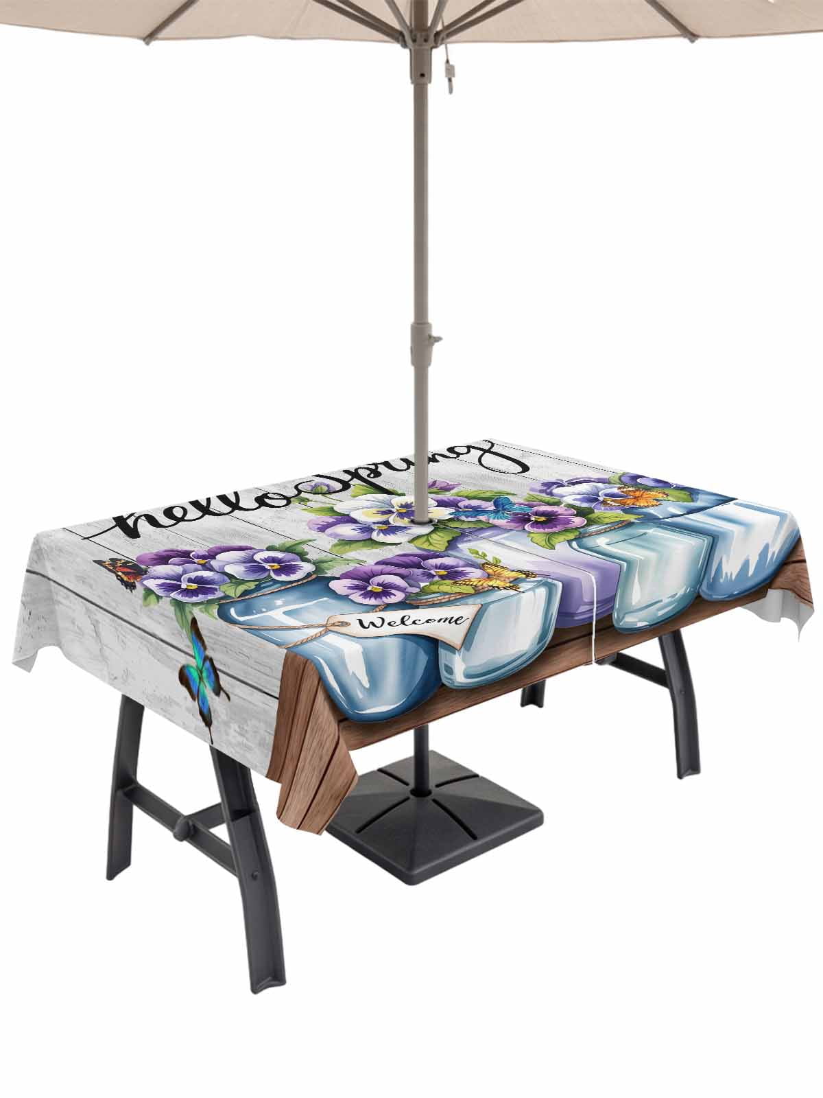 Hello Spring Outdoor Tablecloth - 60x120 Inch Rectangle Dining Table Cover, Pastoral Purple Bottle Floral Gray Wooden Waterproof Outdoor Table Cloth with Umbrella Hole & Zipper for Picnic/Patio/Party