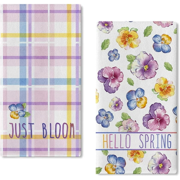 Hello Spring Pansy Flower Kitchen Dish Towels Set of 2, Purple Floral Just Bloom Hand Towels Drying Baking Cooking Cloth, Plaid Check Farmhouse Seasonal Home Kitchen Decor 18x26 Inch