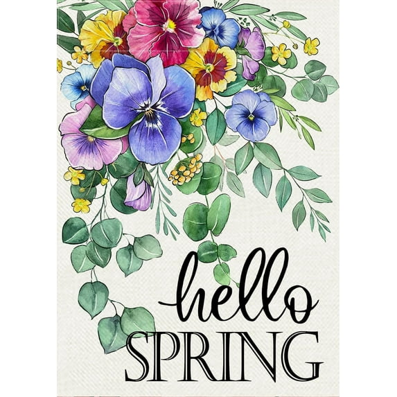 Hello Spring Pansy Flowers Decorative Garden Flag, Floral Eucalyptus Leaves Yard Outside Decorations, Seasonal Burlap Outdoor Small Home Decor Double Sided 12.5 x 18