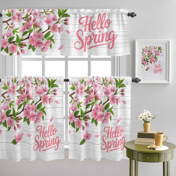 Hello Spring Peach Blossom Floral Curtain Tier and Valance Set 3 Piece, Pink Flower Rustic Wood Grain 3-inch Rod Pocket Window Tier Curtains Valance for Kitchen Living Room