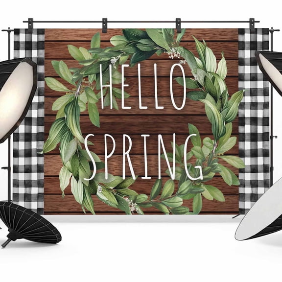 Hello Spring Photography Backdrop 7x5FT, Green Leaf Plant Black Plaid Brown Wood Grain Photo Backdrops, Background for Photography Studio Photo Studio Background, Back Drop for Photoshoot