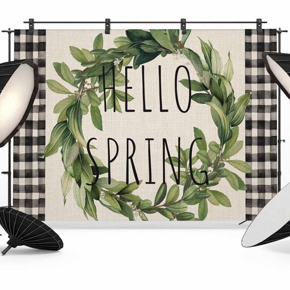 Hello Spring Photography Backdrop 7x5FT, Green Leaf Plant Black Plaid Vintage Linen Texture Photo Backdrops, Background for Photography Studio Photo Studio Background, Back Drop for Photoshoot