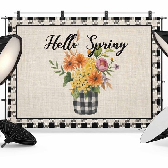 Hello Spring Photography Backdrop 7x5FT, Watercolor Daisy Tulips Flowers Linen Black Plaid Photo Backdrops, Background for Photography Studio Photo Studio Background, Back Drop for Photoshoot