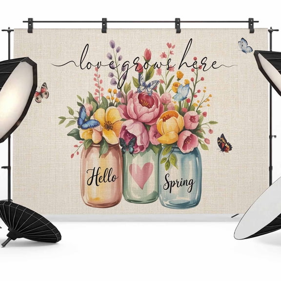 Hello Spring Photography Backdrop 8x6FT, Love Grows Here Color Flowers Leaf Retro Linen Photo Backdrops, Background for Photography Studio Photo Studio Background, Back Drop for Photoshoot