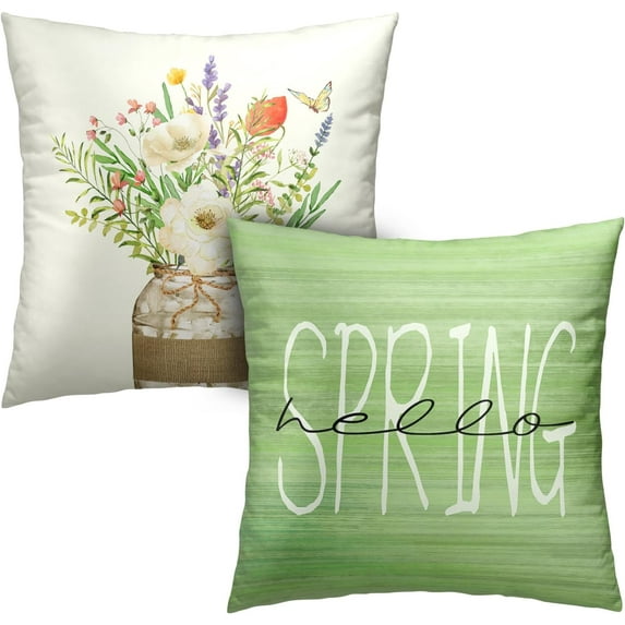 Hello Spring Pillow Covers 18x18 Set of 2 Vase Spring Flower Farmhouse Decorative Pillows Covers Butterfly Spring Summer Home Decor Cotton Blend for Couch Bed Living Room