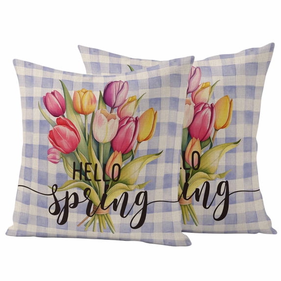 Hello Spring Pillow Covers 2 Pack Watercolor Tulip Purple Texture Pillowcase Waterproof Outdoor Throw Pillow Cover for Patio Garden Square Cushion 26”x26”