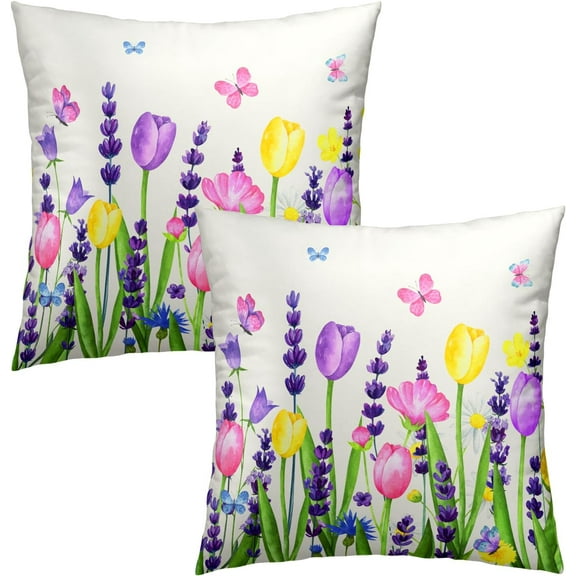 Hello Spring Pillow Covers 22\u201dx22\u201d Set of 2 Tulip Lavender Wildlowers Decorative Throw Pillows Cover Spring Farmhouse Outdoor Pillowcases Summer Seasonal Floral Cushion Case
