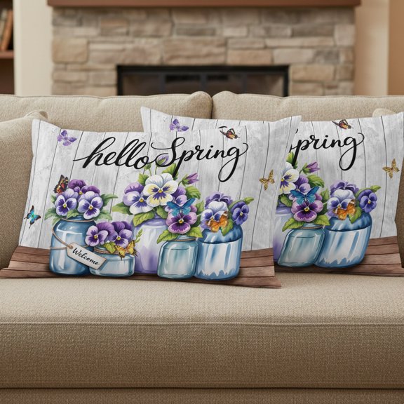 Hello Spring Pillow Covers Set of 2, Purple Flowers in The Jug Butterfly Farm Wood Grain 12x20 Inch Decorative Throw Pillow Covers Soft Pillowcases with Zipper for Couch Sofa Bed Chair