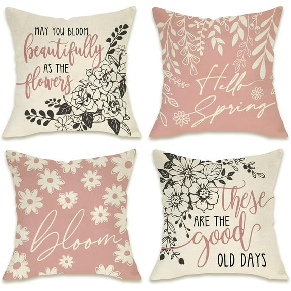 Hello Spring Pink Decorative Throw Pillow Covers 18 x 18 Set of 4, Bloom Daisy Flower Leaves Porch Patio Outdoor Pillowcase, Floral Seasonal Sofa Couch Cushion Case Home Decor