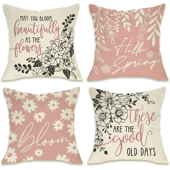 Hello Spring Pink Decorative Throw Pillow Covers 18 x 18 Set of 4, Bloom Daisy Flower Leaves Porch Patio Outdoor Pillowcase, Floral Seasonal Sofa Couch Cushion Case Home Decor
