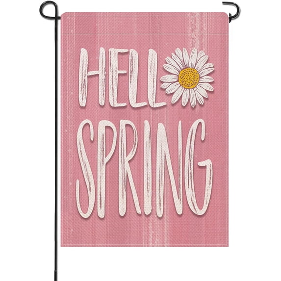 Hello Spring Pink Small Decorative Garden Flag, Daisy Flower Floral Yard Lawn Outside Decor, Seasonal Burlap Outdoor Home Decoration Double Sided 12 x 18