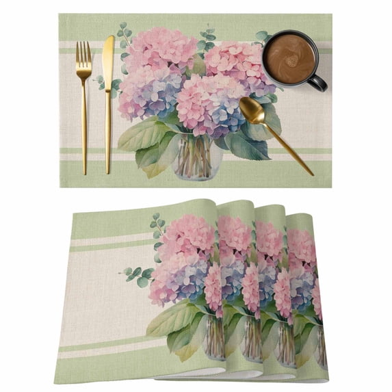 Hello Spring Placemats Set of 8, Watercolor Hydrangeas Green Texture Non-Slip Place Mats Washable Table Mats for Kitchen Dining Table Decorations Indoor/Outdoor