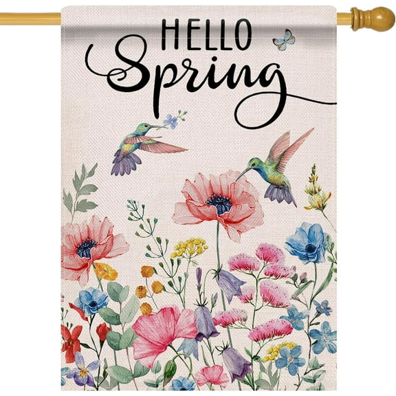 Hello Spring Poppy Flower 28 x 40 House Flag Double Sided, Watercolor Floral Hummingbird Burlap Garden Yard Decoration, Seasonal Outdoor Décor Decorative Large Flag
