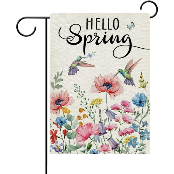 Hello Spring Poppy Flower Decorative Garden Flag, Watercolor Floral Hummingbird Yard Outside Home Decorations, Seasonal Burlap Outdoor Small Decor Double Sided 12 x 18