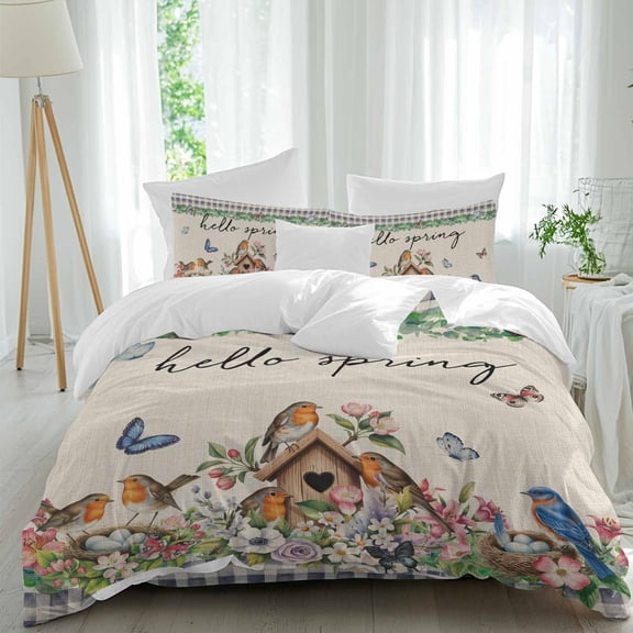 Hello Spring Queen Size 4 piece Duvet Cover Set, Bird Pink White Flowers Butterflies Vintage Linen Texture Bedding Set, Include a Duvet Cover,a Bed Sheet, 2 Pillowcase with Zipper for All Season