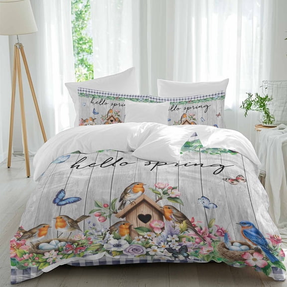 Hello Spring Queen Size 4 piece Duvet Cover Set, Bird Pink White Flowers Butterfly Gray Wood Grain Comfort Bedding Set, Include a Duvet Cover,a Bed Sheet, 2 Pillowcase with Zipper for All Season