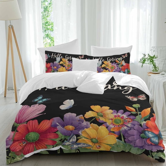 Hello Spring Queen Size 4 piece Duvet Cover Set, Red Yellow Purple Flower Butterfly Floral Black Background Bedding Set, Include a Duvet Cover,a Bed Sheet, 2 Pillowcase with Zipper for All Season