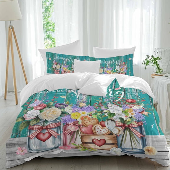 Hello Spring Queen Size 4 piece Duvet Cover Set,3 Comfort Bedding Set, Include a Duvet Cover,a Bed Sheet, 2 Pillowcase with Zipper for All Season