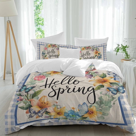 Hello Spring Queen Size 4 piece Duvet Cover Set,3 Comfort Bedding Set, Include a Duvet Cover,a Bed Sheet, 2 Pillowcase with Zipper for All Season