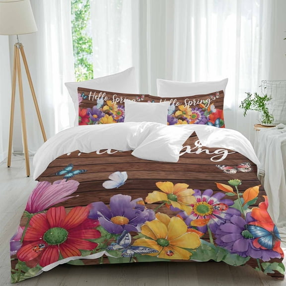 Hello Spring Queen Size 4 piece Duvet Cover Set,3 Comfort Bedding Set, Include a Duvet Cover,a Bed Sheet, 2 Pillowcase with Zipper for All Season