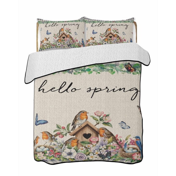 Hello Spring Quilts Bedding Set Queen Size Bird Pink White Flowers Butterflies Vintage Linen Texture Lightweight Quilted Bedspread 3 Piece Bed Quilt with 2 Pillow Shams for Bedroom 78" x 90"