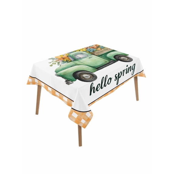 Hello Spring Rectangle Tablecloth, Easter Flowers Green Truck Floral Orange Plaid Waterproof & StainResistant Tablecloth, Washable Oil-proof Table Cover for Dining/Party/Wedding/Buffet 52x70 In