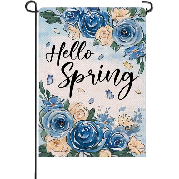 Hello Spring Rose Flower Small Decorative Garden Flag, Blue White Floral Butterfly Yard Lawn Outside Decor, Seasonal Burlap Outdoor Home Decoration Double Sided 12.5 x 18