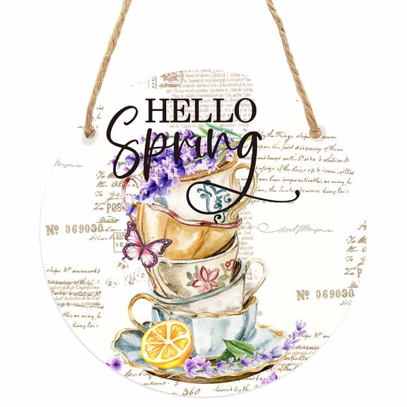 Hello Spring Round Front Door Welcome Sign, 5.9 Inch Wall Hanging Decor for Indoor Outdoor, Purple Floral Botanical Coffee Cups Home Porch Hanger Decorations for Holiday Gift