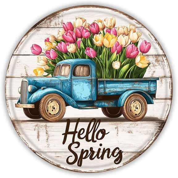 Hello Spring Round Metal Tin Sign, 8 Inch Vintage Tulip Truck Wall Decor for Front Door, Porch, Living Room, Farmhouse, Garden, Indoor Outdoor Decoration