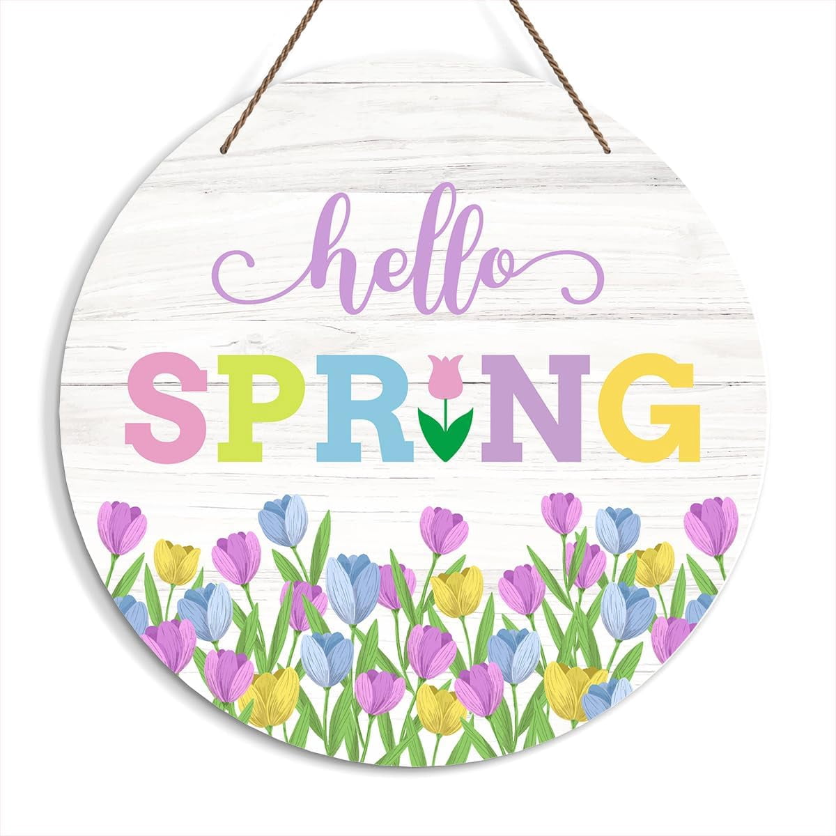 Hello Spring Round Welcome Decorative Sign, Spring Flower Wooden Sign ...