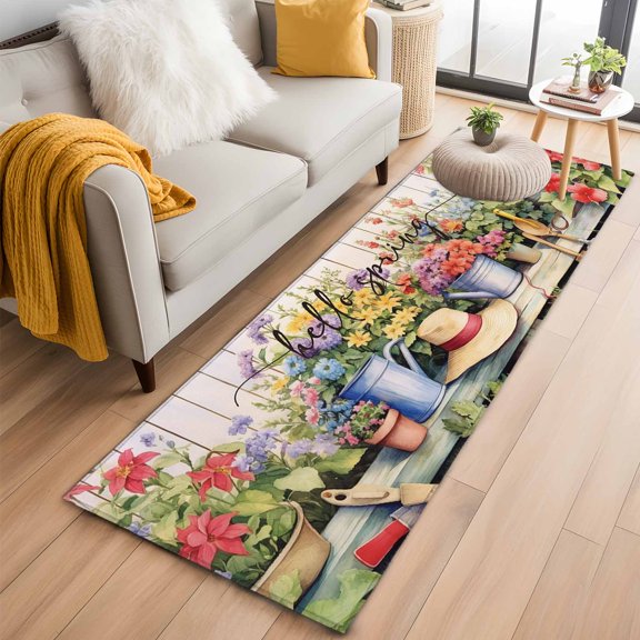 Hello Spring Runner Rug 2x6 FT,Non Slip Hallway Rugs,Elagant Summer Floral Botanical Wooden Washable Soft Floor Carpet Throw Runner Carpet Long Rugs for Entryway Kitchen Bedside Sliding Door