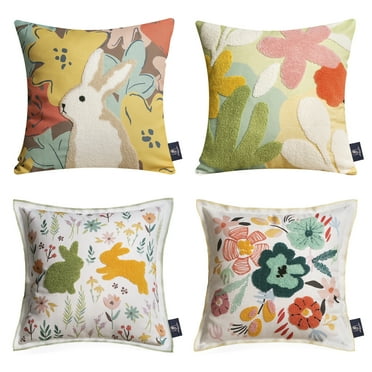 Hello Spring Series Easter Bunny Decorative with Flowers Rabbit Throw Pillow Covers, 18' x 18', Fancy Bunny, 4 Pack