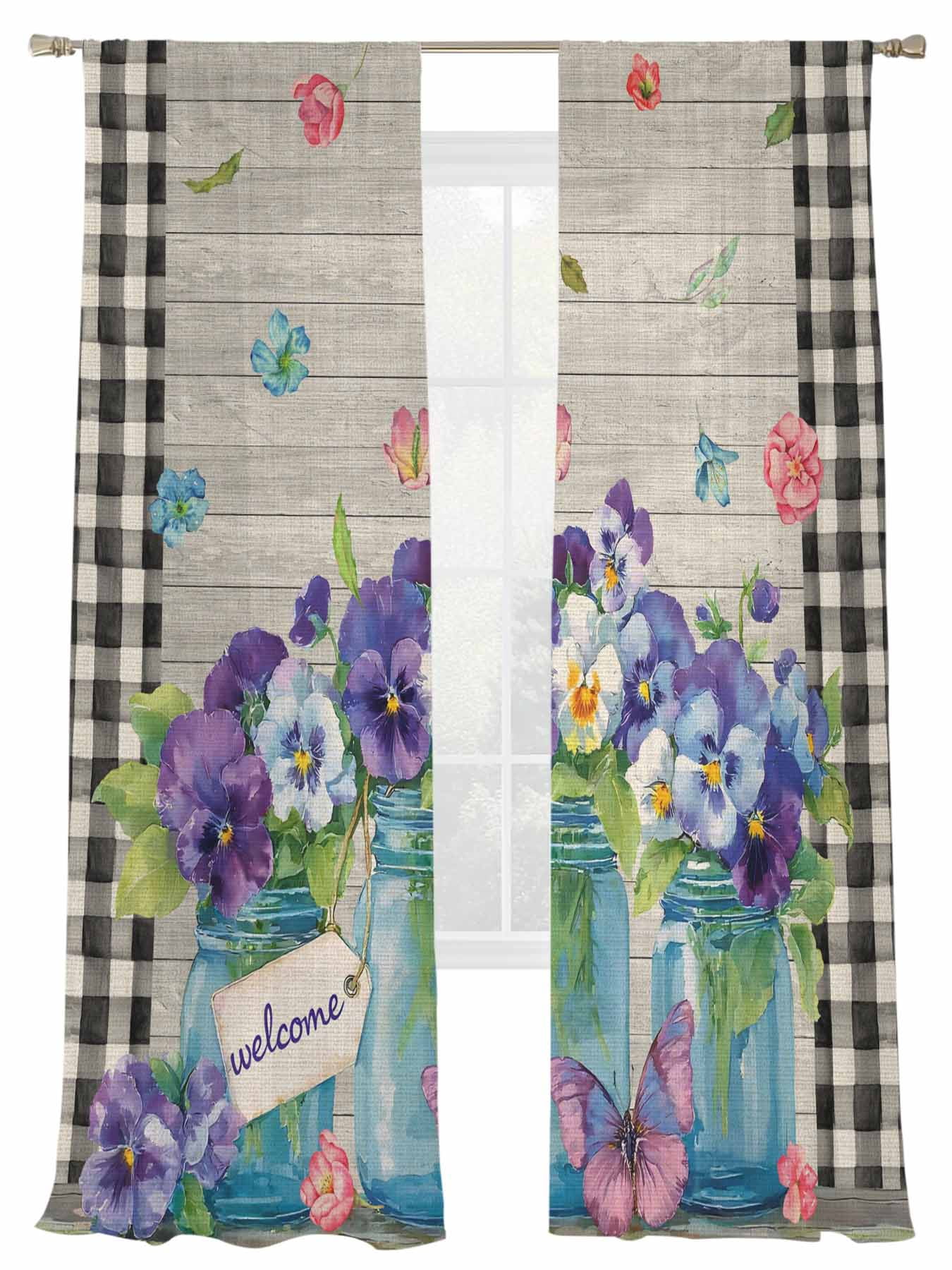 Hello Spring Sheer Curtains 2 Panels Set Country Purple Pansy Flowers ...