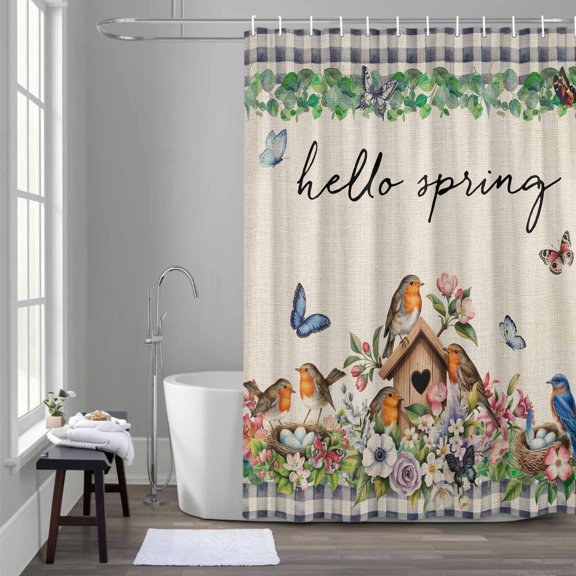 Hello Spring Shower Curtain for Bathroom Decor, Bird Pink White Flowers Butterflies Vintage Linen Texture Waterproof Fabric Shower Curtain, 54"x78" Set with 12 Hooks