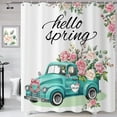 thumbnail image 1 of Hello Spring Shower Curtain, Farmhouse Teal Truck Loading Pink Floral with Green Leaves Spring Bathroom Curtain Waterproof Fabric Machine Washable with Hooks, 36" Wx72 L, 1 of 6