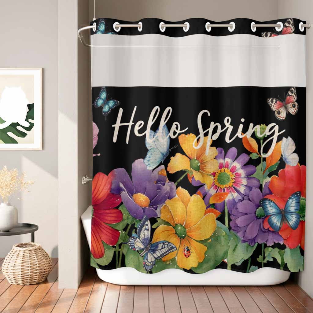 Hello Spring Shower Curtain, Red Yellow Purple Flower Butterfly Floral ...