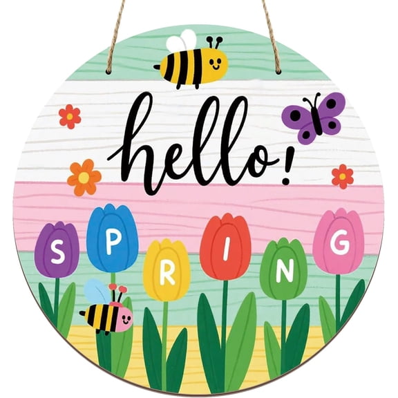 Hello Spring Sign Colorful Tulip Flowers Spring Wreath Sign for Front Door Welcome Spring Door Sign Farmhouse Spring Decorations for Home Wreath Wall Porch Indoor Outdoor