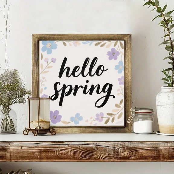 Hello Spring Sign With Flower, Wooden Spring Floral Framed Wall Decor Home Table Shelf Tiered Tray Wall Decoration Plaque Home Decoration, wall Decoration