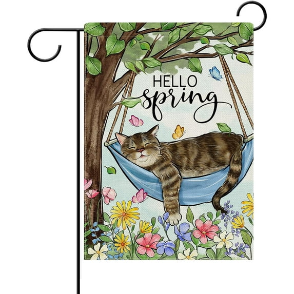 Hello Spring Sleeping Cat Decorative Garden Flag, Kitty Kitten Tree Flowers Yard Outside Home Decorations, Butterfly Seasonal Burlap Outdoor Small Decor Double Sided 12 x 18