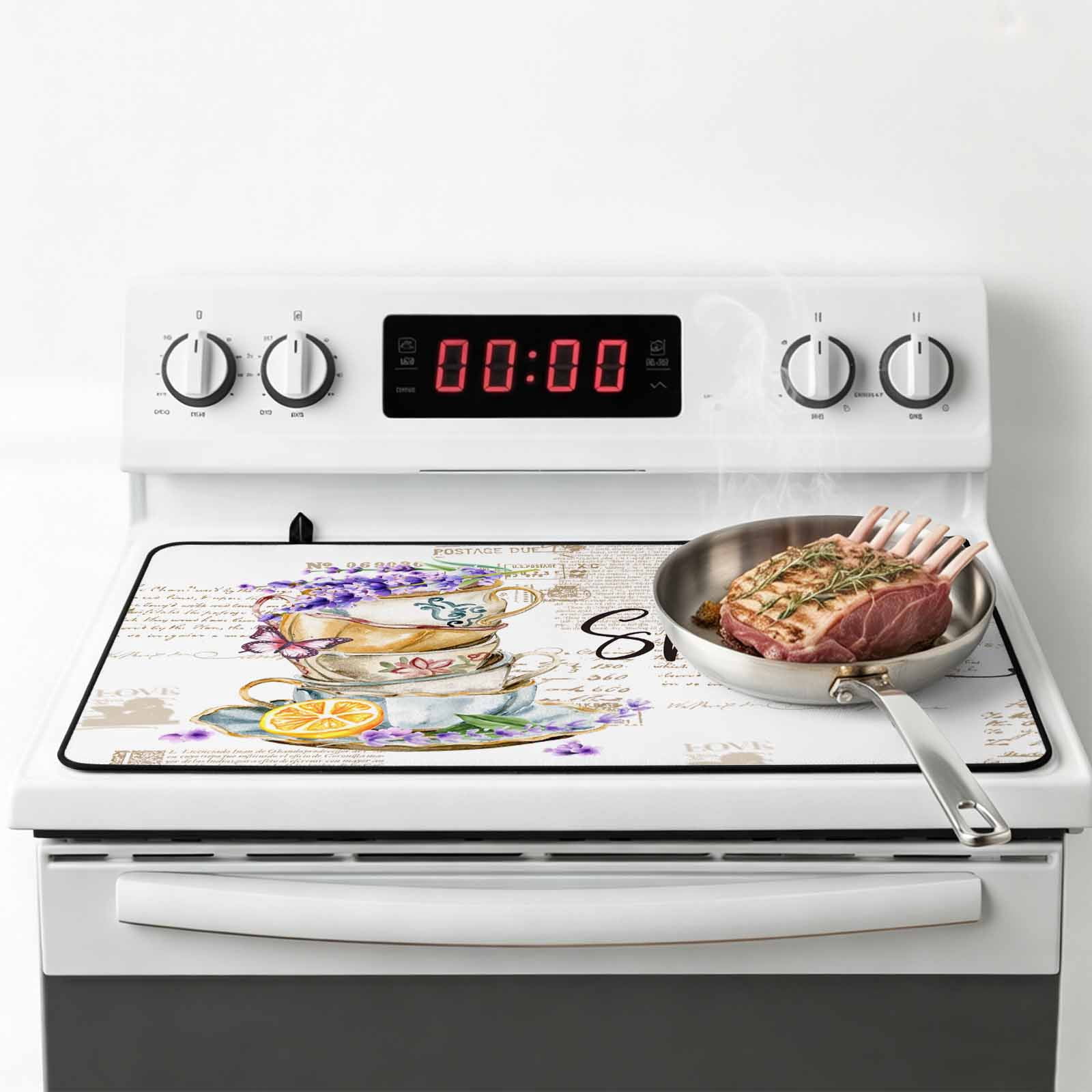 Hello Spring Stove Top Cover for Electric Stove, Heat-proof & Non Slip Glass Top Stove Cover Protector, Purple Floral Botanical Coffee Cups Kitchen Flat Cooktop Rubber Mat 24x21 Inches